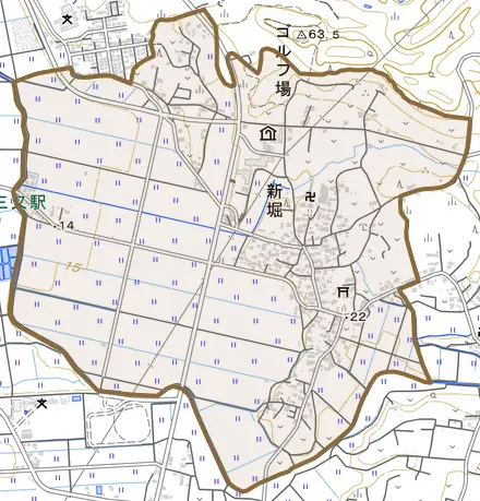 新堀とその周辺の地図。町の範囲を重ねている