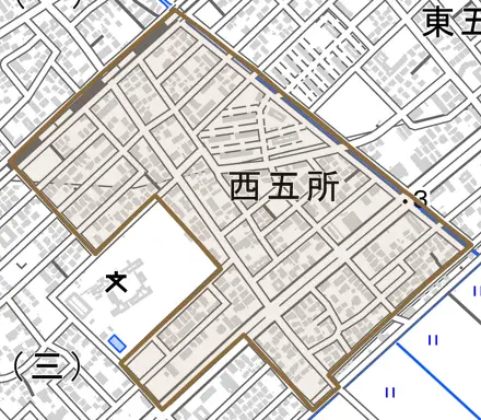 西五所とその周辺の地図。町の範囲を重ねている