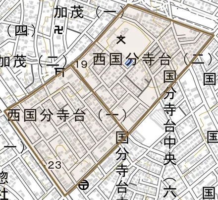 西国分寺台とその周辺の地図。町の範囲を重ねている