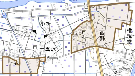 西野とその周辺の地図。町の範囲を重ねている