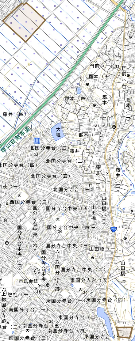 西野谷とその周辺の地図。町の範囲を重ねている