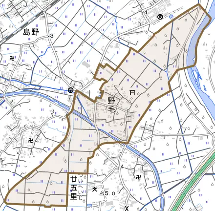 野毛とその周辺の地図。町の範囲を重ねている