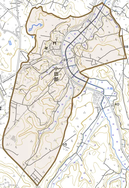 小田部とその周辺の地図。町の範囲を重ねている