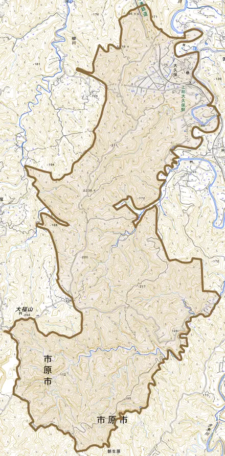 大久保とその周辺の地図。町の範囲を重ねている