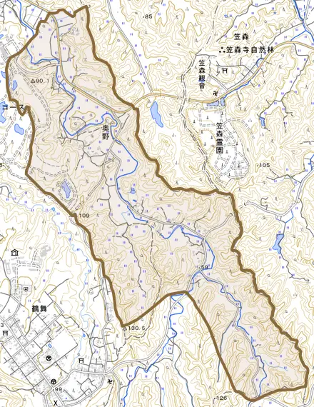 奥野とその周辺の地図。町の範囲を重ねている