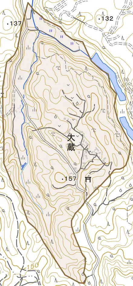 大蔵とその周辺の地図。町の範囲を重ねている