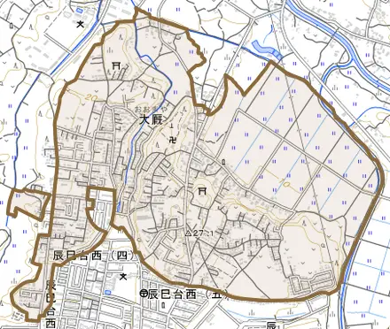 大厩とその周辺の地図。町の範囲を重ねている