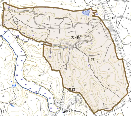 大作とその周辺の地図。町の範囲を重ねている
