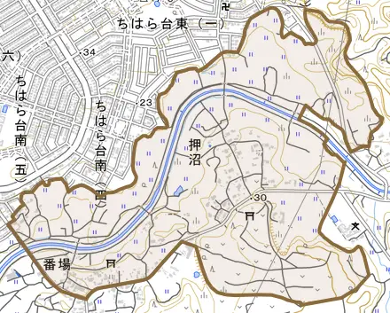 押沼とその周辺の地図。町の範囲を重ねている
