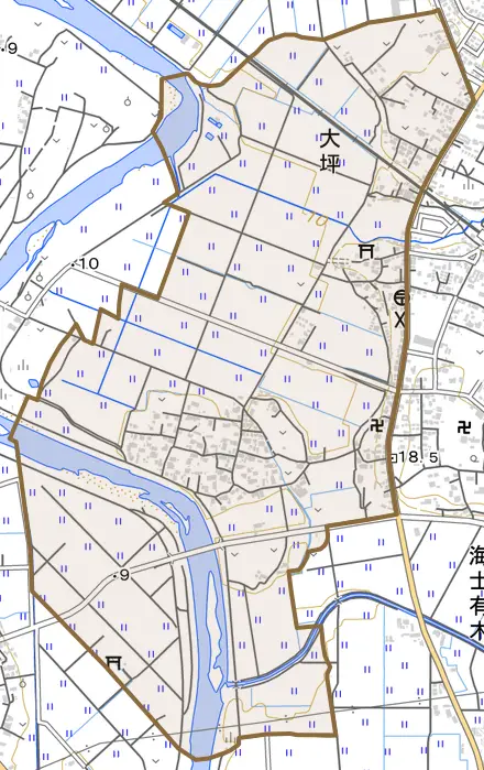大坪とその周辺の地図。町の範囲を重ねている