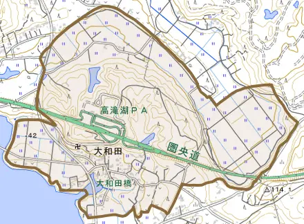 大和田とその周辺の地図。町の範囲を重ねている