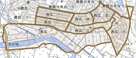 西広とその周辺の地図。町の範囲を重ねている