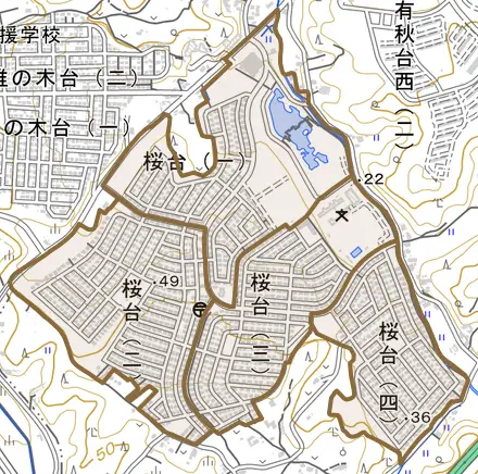 桜台とその周辺の地図。町の範囲を重ねている