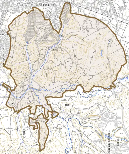 瀬又とその周辺の地図。町の範囲を重ねている