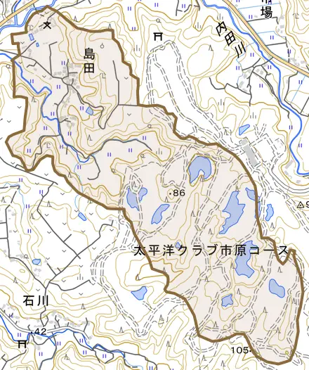 島田とその周辺の地図。町の範囲を重ねている