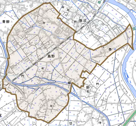 島野とその周辺の地図。町の範囲を重ねている
