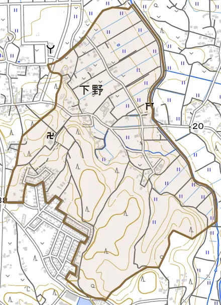 下野とその周辺の地図。町の範囲を重ねている