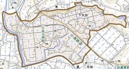 下矢田とその周辺の地図。町の範囲を重ねている