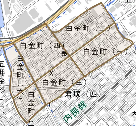 白金町とその周辺の地図。町の範囲を重ねている