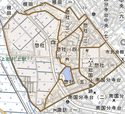 惣社とその周辺の地図。町の範囲を重ねている