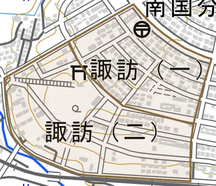 諏訪とその周辺の地図。町の範囲を重ねている
