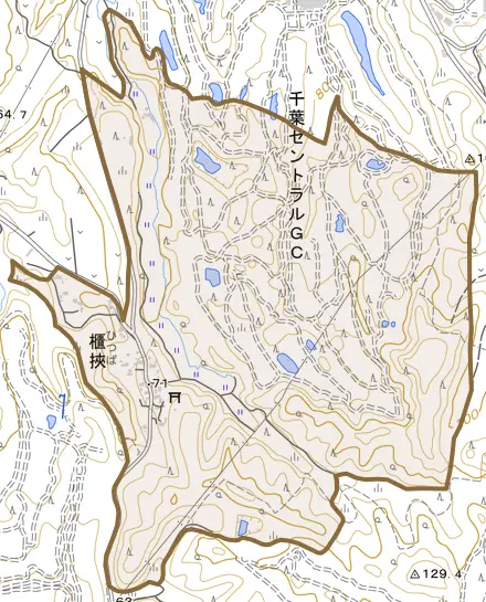 櫃狭とその周辺の地図。町の範囲を重ねている