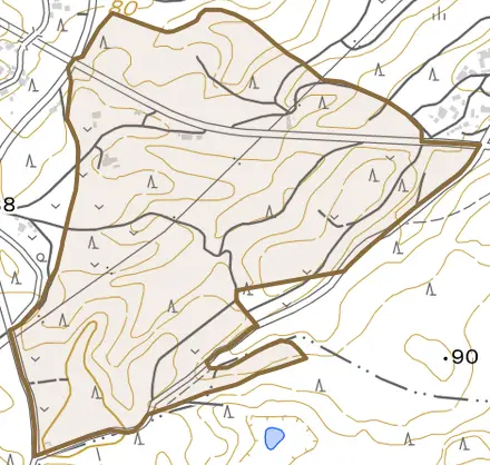 山之郷飛地とその周辺の地図。町の範囲を重ねている