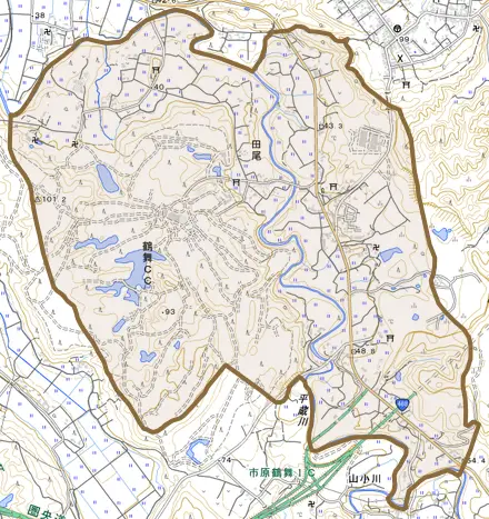 田尾とその周辺の地図。町の範囲を重ねている