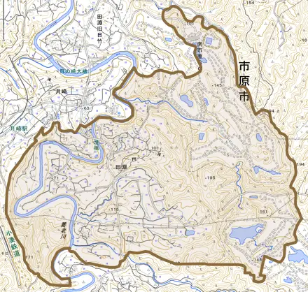 田淵とその周辺の地図。町の範囲を重ねている