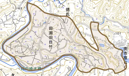 田淵旧日竹とその周辺の地図。町の範囲を重ねている