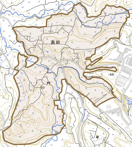 高田とその周辺の地図。町の範囲を重ねている