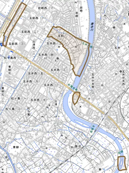 玉前とその周辺の地図。町の範囲を重ねている