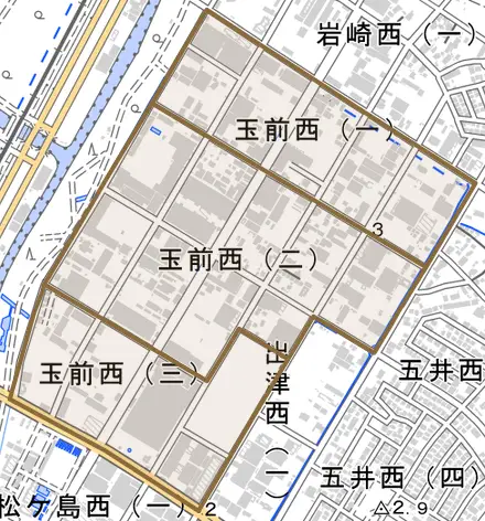 玉前西とその周辺の地図。町の範囲を重ねている
