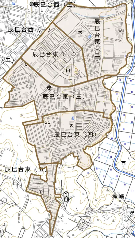 辰巳台東とその周辺の地図。町の範囲を重ねている
