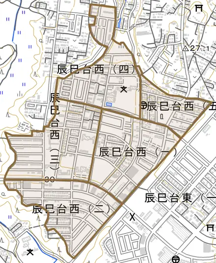 辰巳台西とその周辺の地図。町の範囲を重ねている