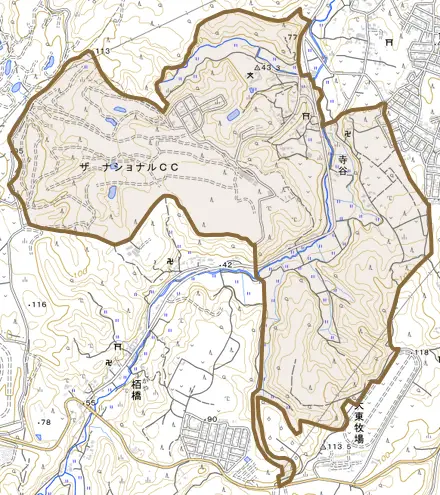寺谷とその周辺の地図。町の範囲を重ねている