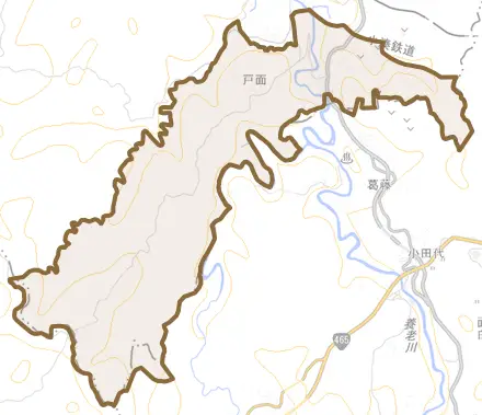 戸面とその周辺の地図。町の範囲を重ねている