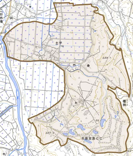 土宇とその周辺の地図。町の範囲を重ねている