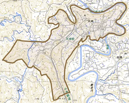 月崎とその周辺の地図。町の範囲を重ねている