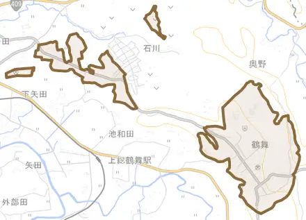 鶴舞とその周辺の地図。町の範囲を重ねている