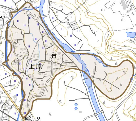 上原とその周辺の地図。町の範囲を重ねている