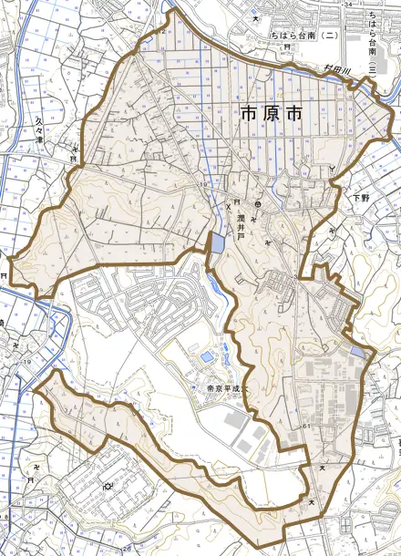 潤井戸とその周辺の地図。町の範囲を重ねている