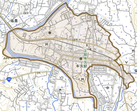 牛久とその周辺の地図。町の範囲を重ねている