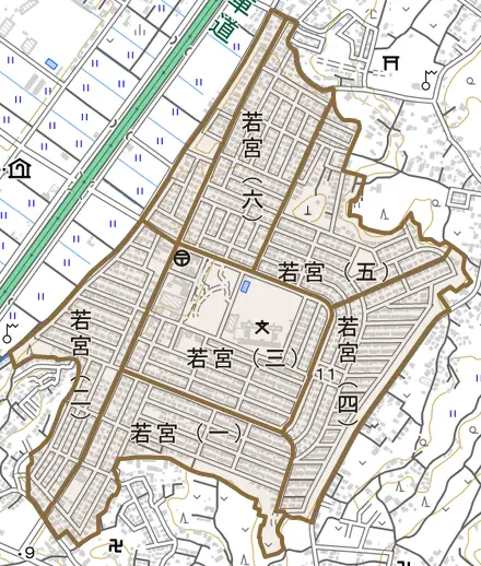 若宮とその周辺の地図。町の範囲を重ねている