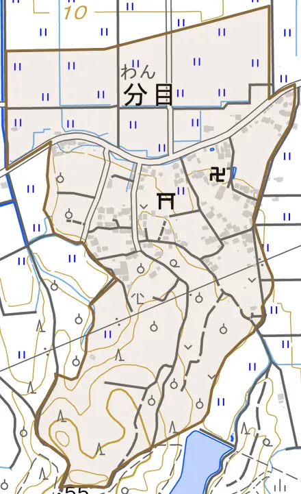 分目とその周辺の地図。町の範囲を重ねている