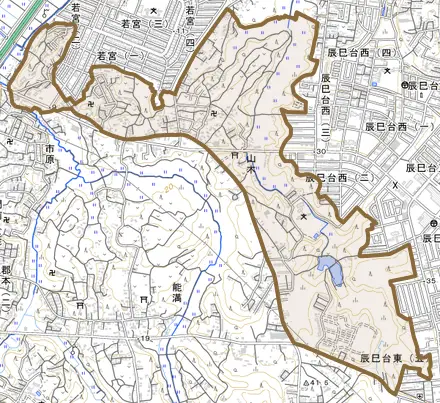 山木とその周辺の地図。町の範囲を重ねている