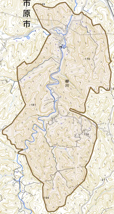 柳川とその周辺の地図。町の範囲を重ねている
