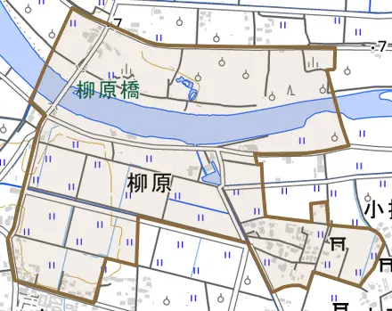 柳原とその周辺の地図。町の範囲を重ねている
