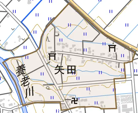 矢田とその周辺の地図。町の範囲を重ねている