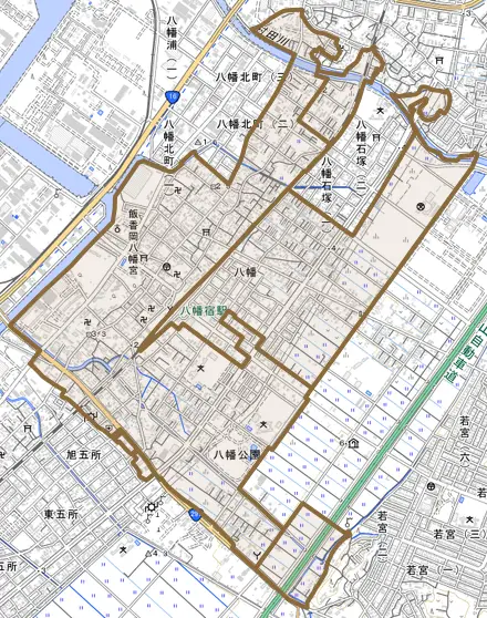 八幡とその周辺の地図。町の範囲を重ねている